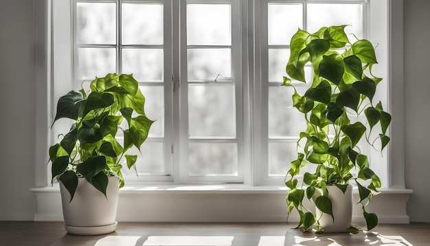 duas plantas estão sentadas em um peitoral da janela com o sol brilhando através delas
