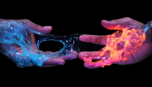 Duas pontas dos dedos tocando-se feitas de plasma líquido vibrante
