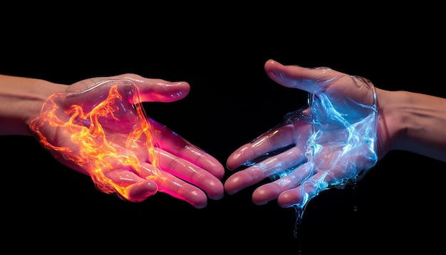 Duas pontas dos dedos tocando-se feitas de plasma líquido vibrante