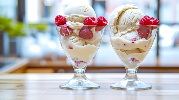Duas porções de gelado vegano com framboesas em copos gerados pela IA