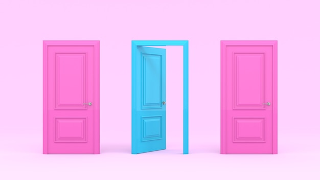 Duas portas rosa fechadas e uma porta turquesa aberta em uma parede rosa pastel