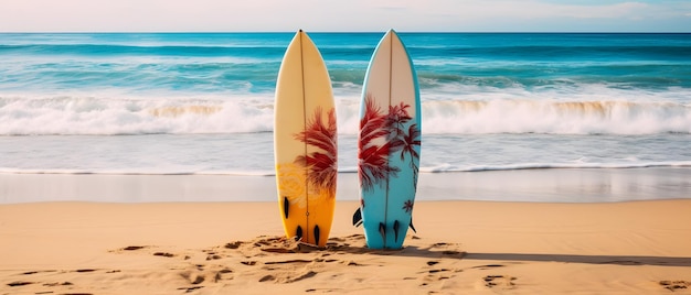 Duas pranchas de surf coloridas na praia de areia