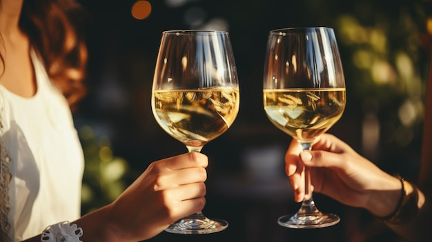 Foto duas raparigas a aplaudir copos de vinho dois copos de vinho branco mãos femininas