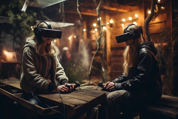 Foto duas raparigas a jogar um jogo de realidade virtual.