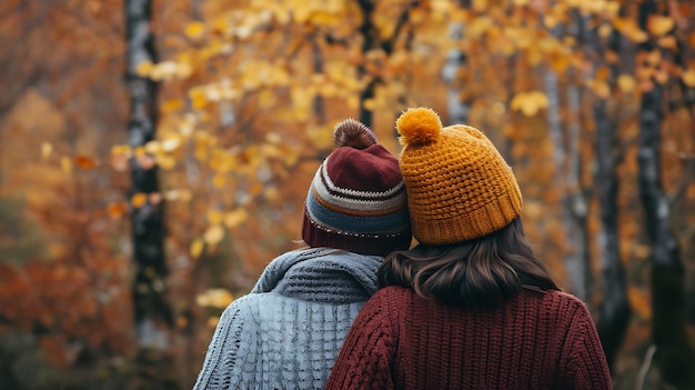 Duas raparigas a namorar no bosque de outono. Amor e apoio.