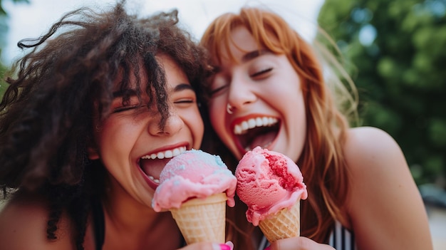 Duas raparigas a passear, namoradas a comer gelado.