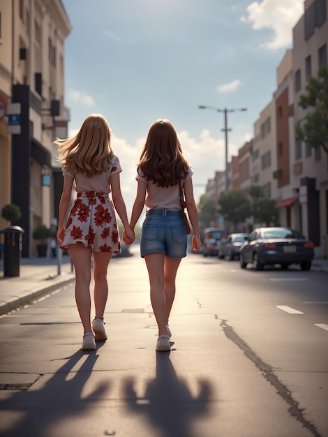 Foto duas raparigas andam juntas na estrada.