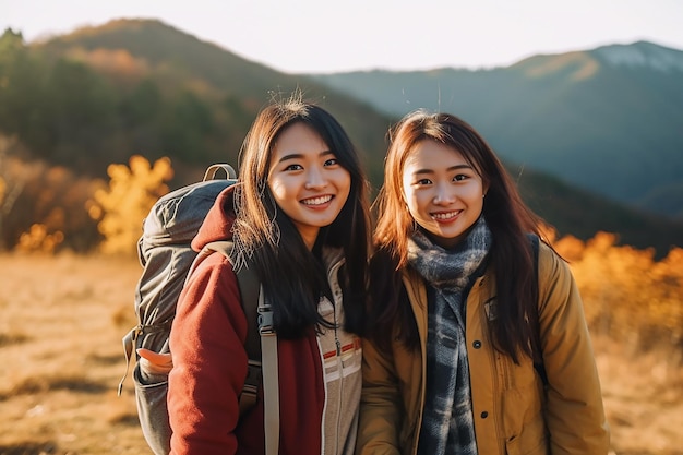 Duas raparigas asiáticas a tirarem uma selfie na montanha.