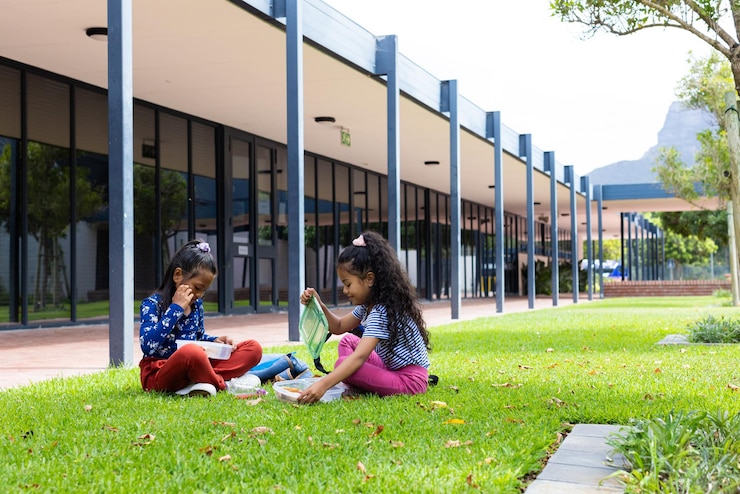 Foto duas raparigas biraciais estão a almoçar no jardim da escola.