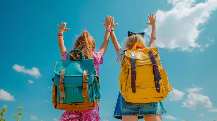 Foto duas raparigas com mochilas que dizem mochilas