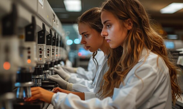 Foto duas raparigas estão a trabalhar numa central eléctrica. uma delas está a usar uma camisa branca.