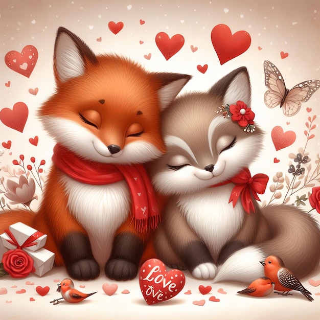 duas raposas bonitas são posadas com uma etiqueta em forma de coração que diz amor