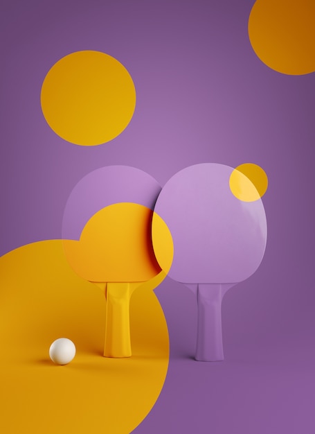 Duas raquetes de tênis de mesa ou ping pong e design de cartaz de torneio de bola renderização em 3d ilustração