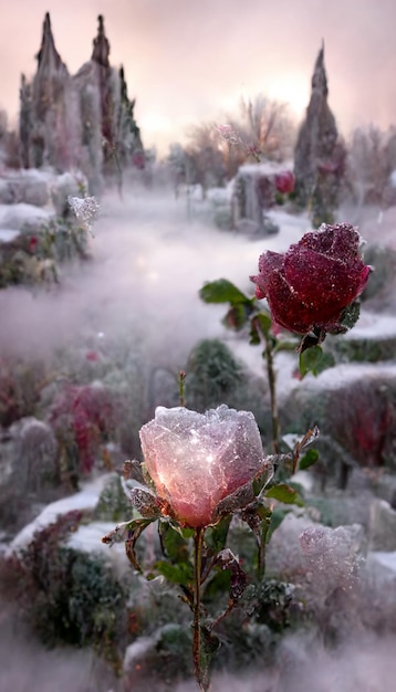 Duas rosas cor de rosa sentadas em cima de um campo coberto de neve generativo ai