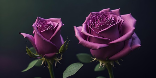 Duas rosas roxas estão em um fundo escuro.