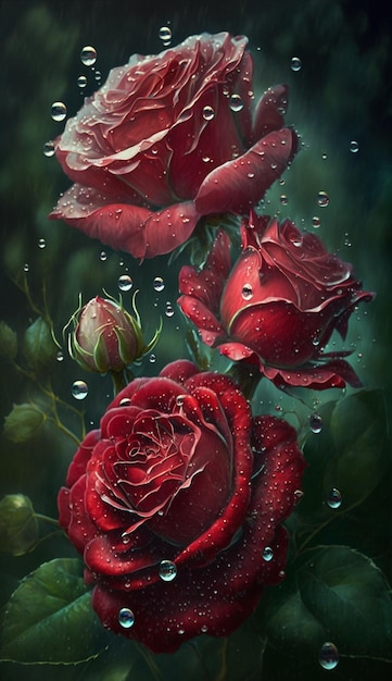 Duas rosas vermelhas com gotas de água nelas generativas ai