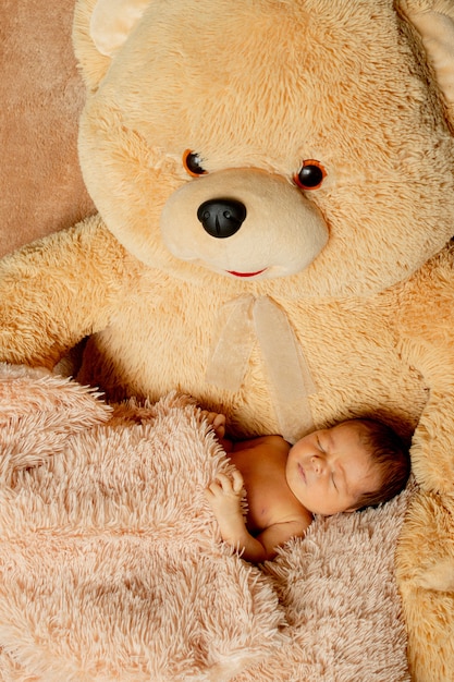 Foto duas semanas de idade bebê recém-nascido dormindo no urso de pelúcia