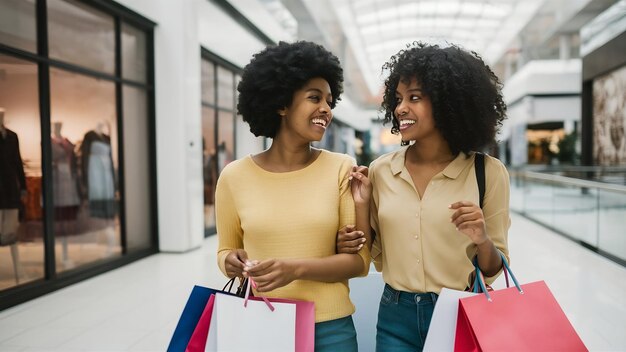 Foto duas senhoras sorridentes a fazer compras juntas no centro comercial.