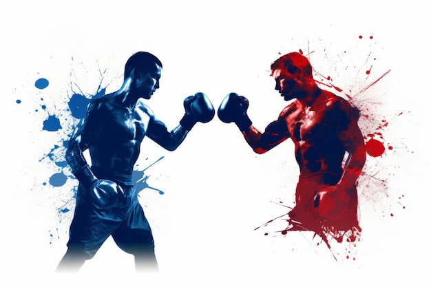 Duas silhuetas de boxeadores do sexo masculino lutando em fundo branco com salpicos de cor azul e vermelha