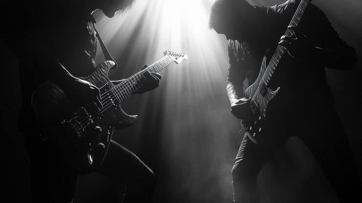 Foto duas silhuetas de guitarristas