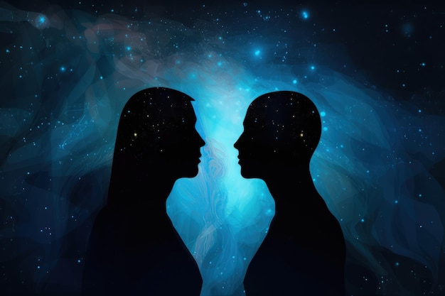 Duas silhuetas se encarando na frente de uma IA generativa do céu cheia de estrelas