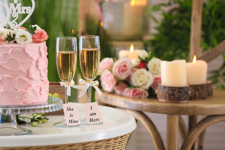 Foto duas taças de champanhe com bolo na mesa no quarto conceito casamento lésbico