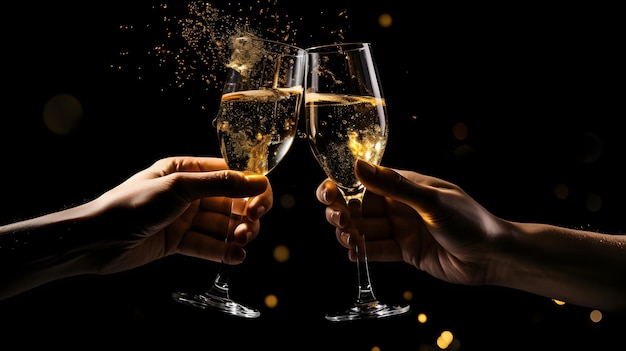 Duas taças de champanhe com champanhe ao fundo