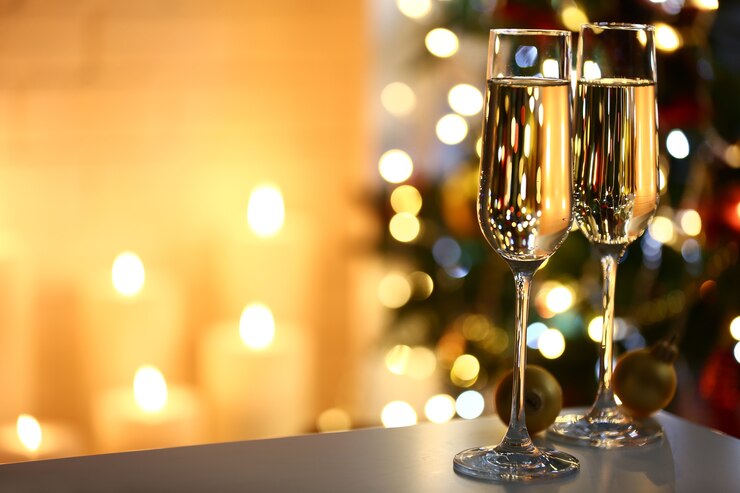 Foto duas taças de champanhe com chocolates e enfeites na mesa na árvore de natal e fundo da lareira