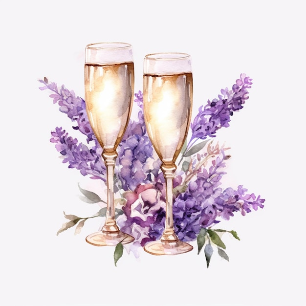 Duas taças de champanhe com um buquê de flores e as palavras "champanhe" no fundo.