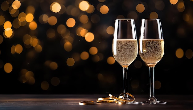 duas taças de champanhe em fundo preto conceito de natal e ano novo