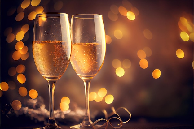 Duas taças de champanhe em um fundo claro bokeh pronto para as celebrações do Ano Novo