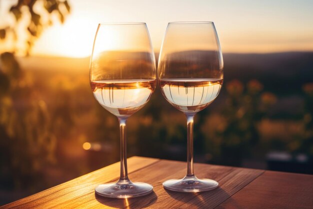 Duas taças de vinho ao pôr do sol ao ar livre Jantar romântico comemoração de aniversário