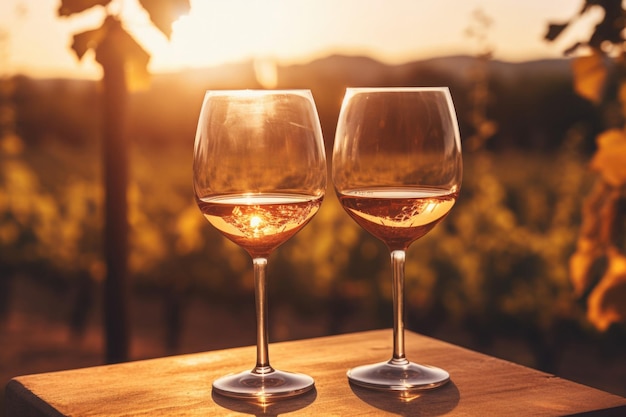 Duas taças de vinho ao pôr do sol ao ar livre Jantar romântico comemoração de aniversário