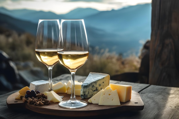 Duas taças de vinho e queijo sobre uma mesa com montanhas ao fundo
