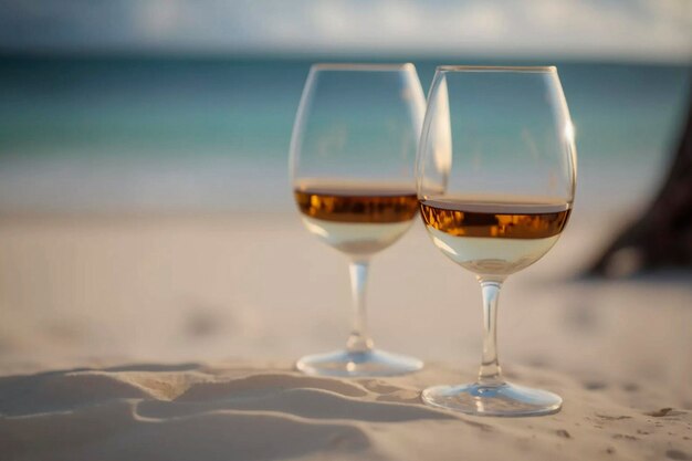 Foto duas taças de vinho em uma praia com o mar ao fundo