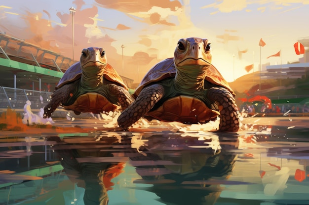 Duas tartarugas adoráveis emergindo da ilustração da água