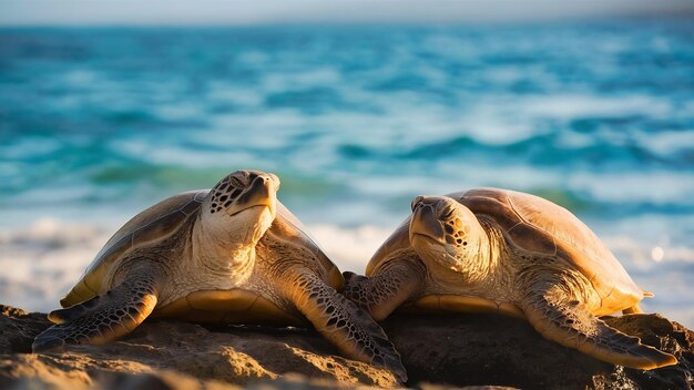 Duas tartarugas nas rochas iluminadas pelo sol