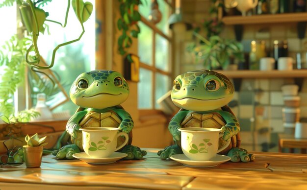 Foto duas tartarugas sentadas em uma mesa com copos na frente delas a cena é leve e brincalhona com o tu