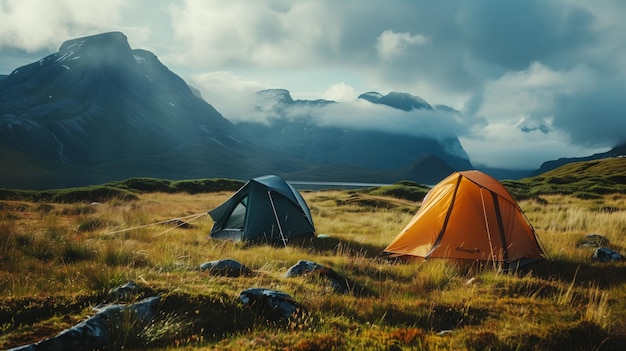 Duas tendas montadas no conceito de estilo de vida ativo do Highlands Camping