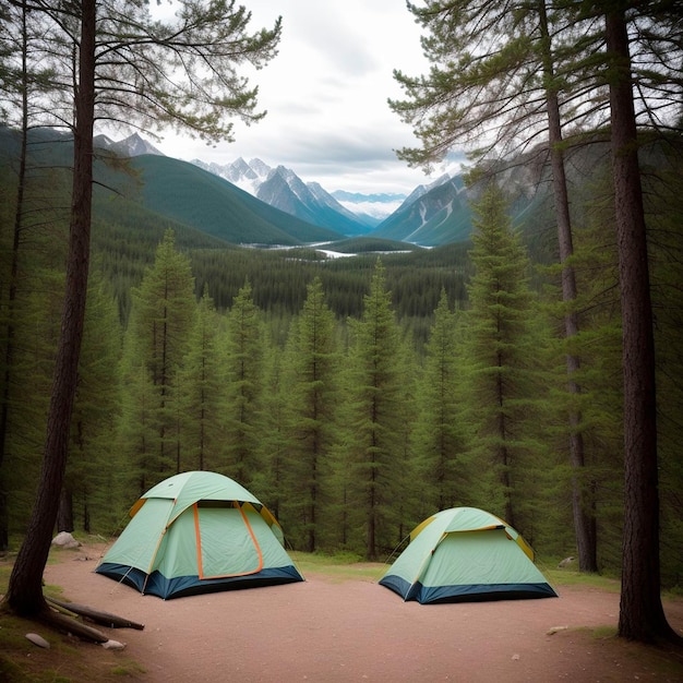 Duas tendas são montadas em frente a uma floresta com montanhas ao fundo.