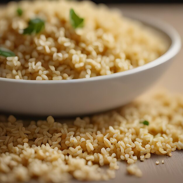 Duas tigelas brancas com arroz e uma com uma folha verde na parte superior