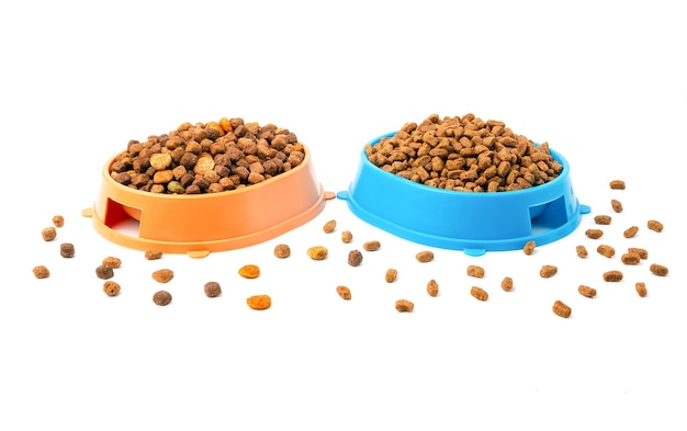 Foto duas tigelas com comida seca para cães e gatos em um fundo branco.