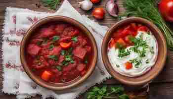 Foto duas tigelas de borscht ucraniano em guardanapos bordados pão creme azedo especiarias cebolas alho