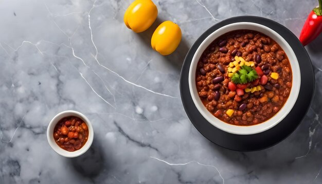 Foto duas tigelas de chili con carne em um mármore