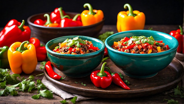 Duas tigelas de comida com pimentas frescas na mesa