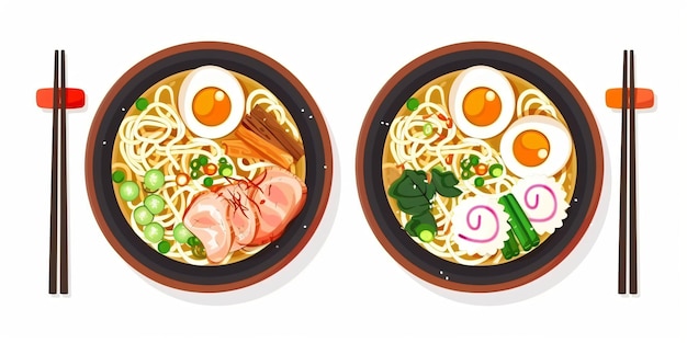 duas tigelas de comida, incluindo macarrão, carne e legumes