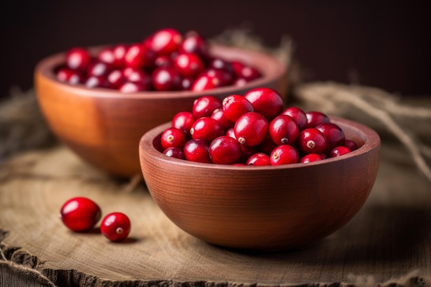 Duas tigelas de cranberries em uma mesa de madeira