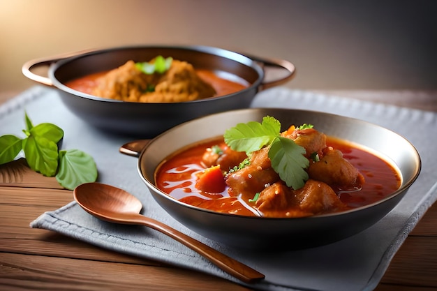 Duas tigelas de curry de frango com uma colher ao lado.