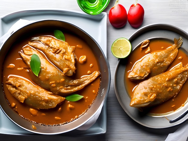 Duas tigelas de peixe com molho vermelho e folhas verdes ao lado