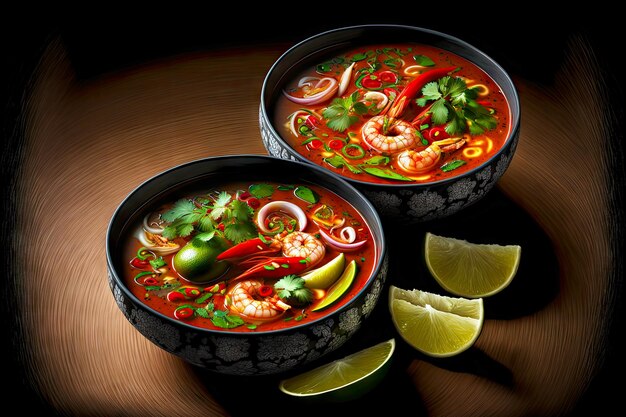 Foto duas tigelas fundas com sopa tailandesa de inhame com molho de tomate brilhante e coco